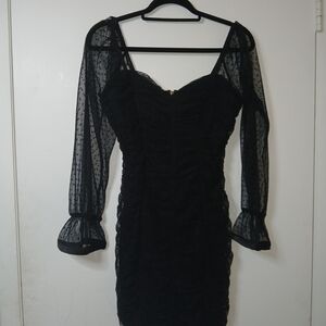 Haute Monde Black Ruched Dress with Sheer Sleeves
